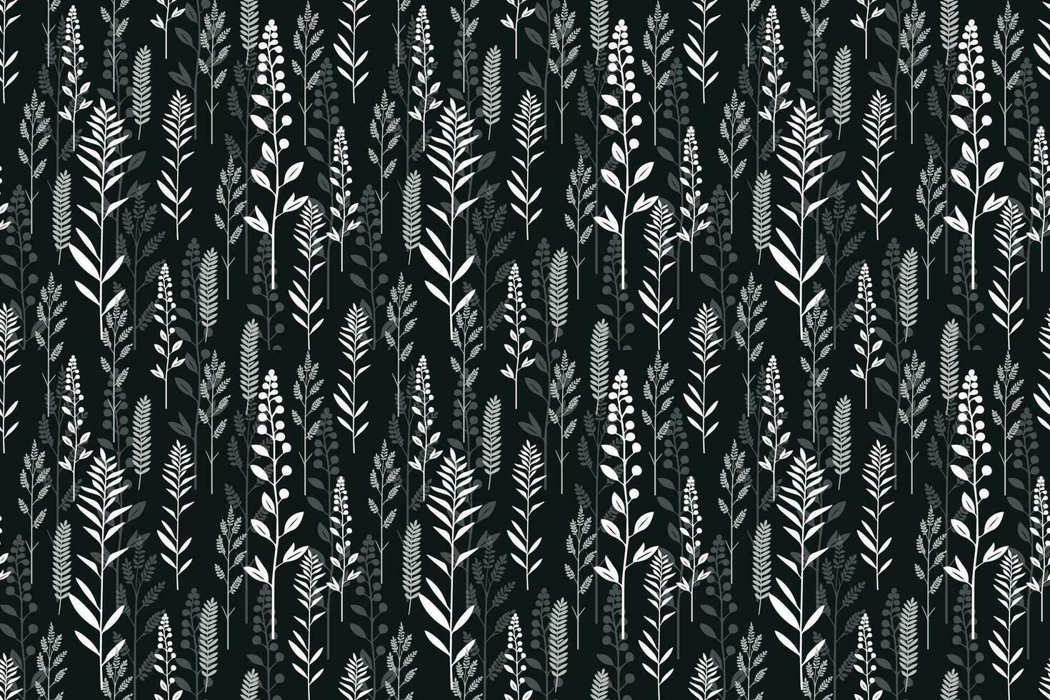 nahtlos Muster Kräuter und Blumen gemalt Silhouetten auf schwarz. Linie Kunst Vektor Hintergrund.
