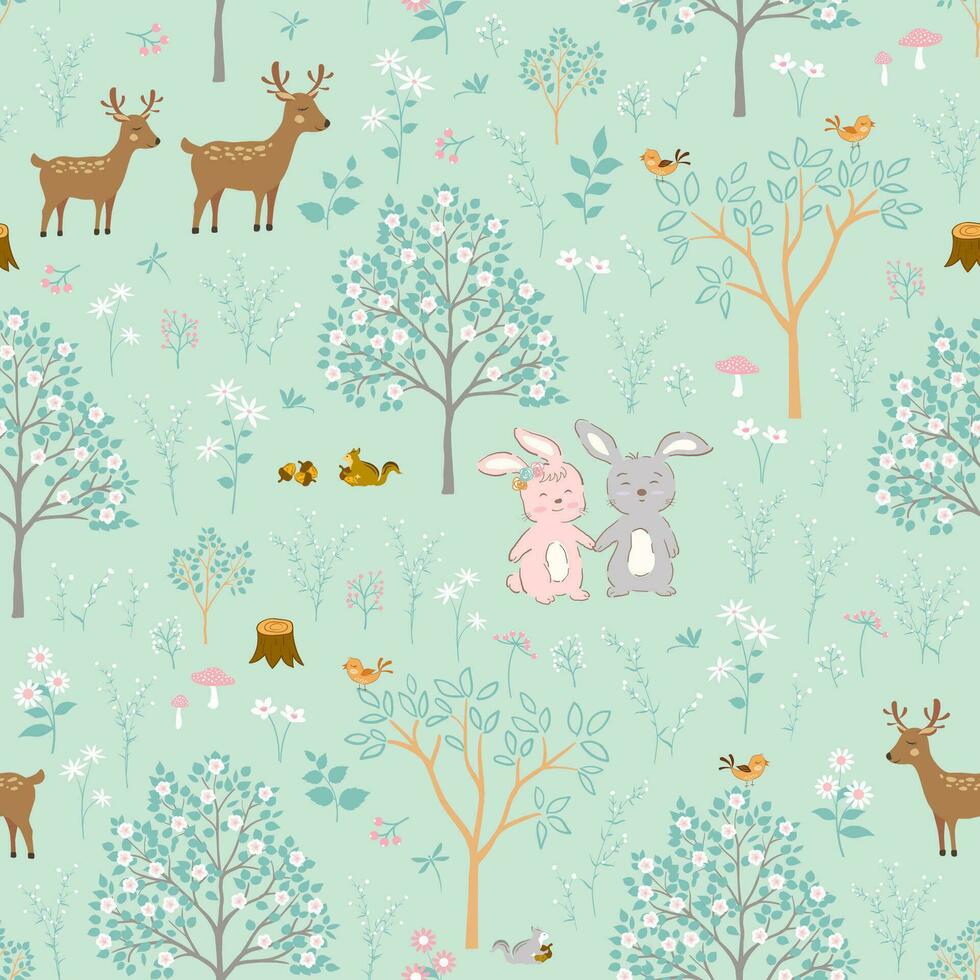 süß Hase auf Frühling Wald nahtlos Muster, Frühling mit süß Tiere auf Pastell- Hintergrund vektor