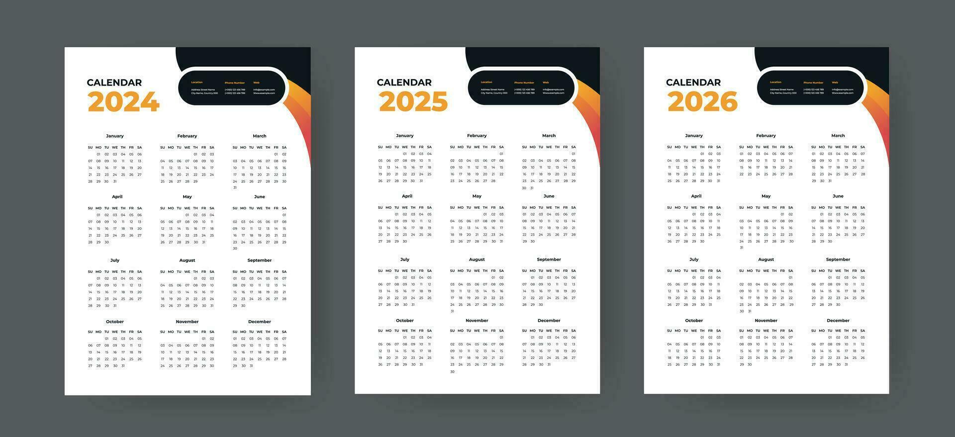 Kalender 2022, Kalender 2023, Kalender 2024 Woche Start Sonntag korporativ Design Planer Design. Mauer Kalender Layout Vorlage vektor