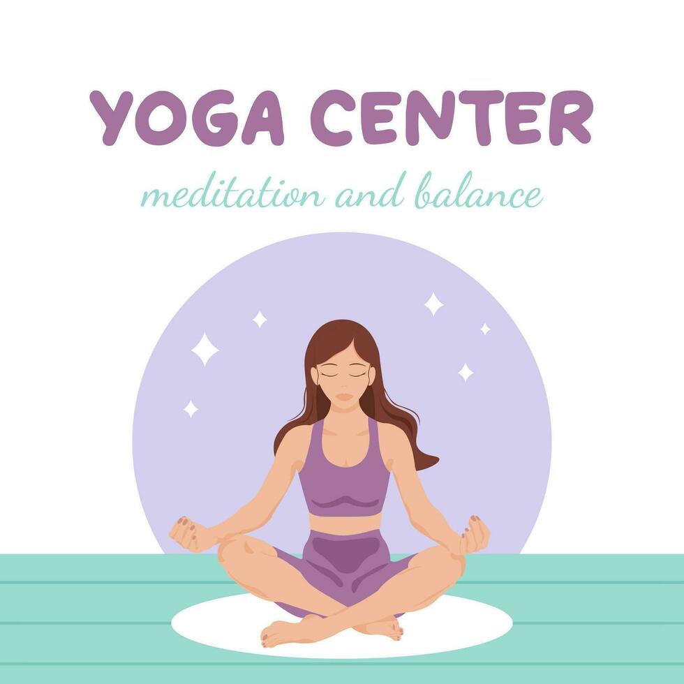 flicka Sammanträde i lotus placera, yoga Centrum, meditation och balans vektor