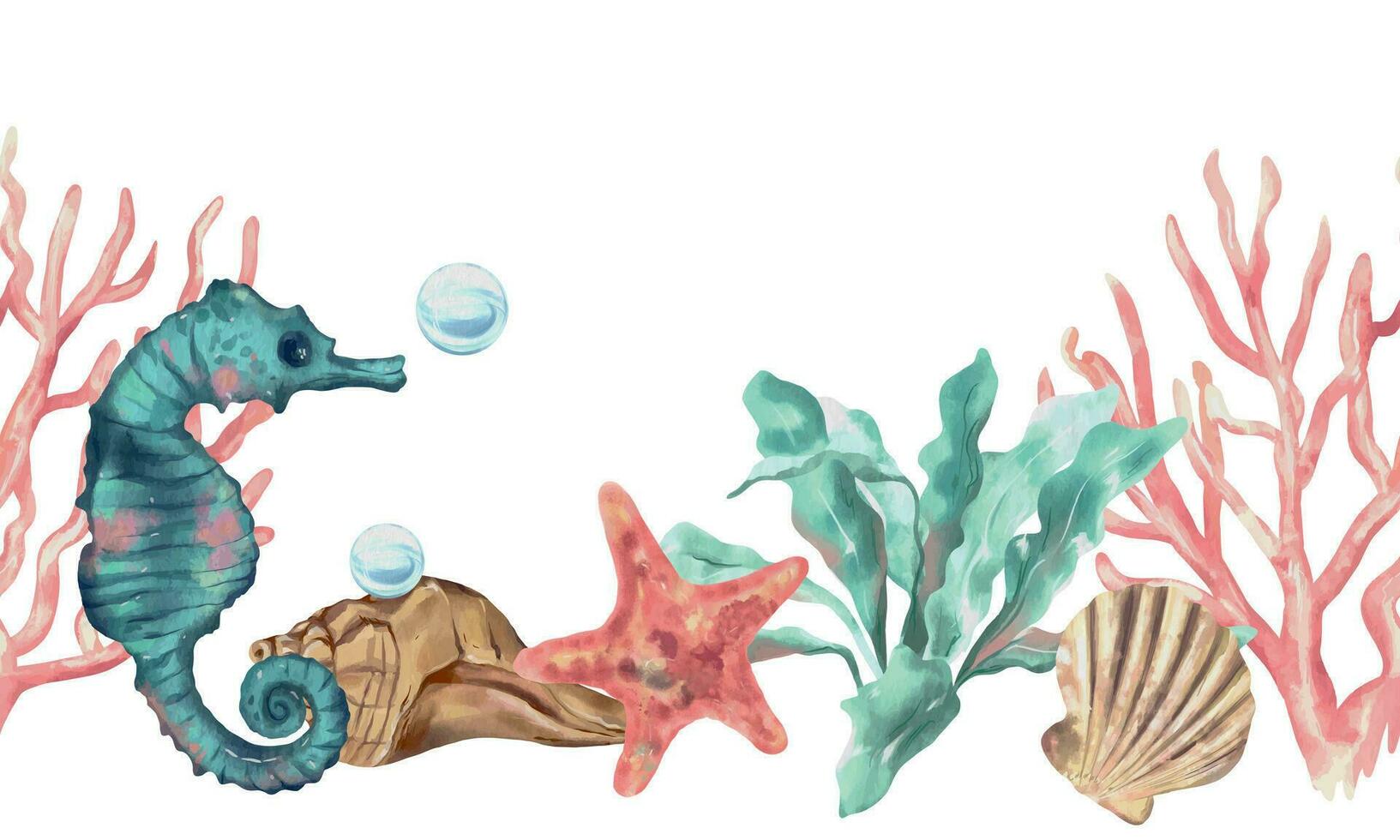 skal, sjöstjärna, alger, koraller, hav häst. marin sömlös gräns. vektor illustration i vattenfärg stil. design element för hälsning kort, mat förpackning, täcker, tema banderoller och flygblad.