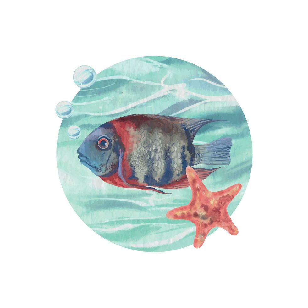 Fisch, Seestern, Wasser Luftblasen auf das Hintergrund von das Meer. Vektor Illustration im Aquarell Stil. Design Element zum Essen Etiketten, Gruß Karten, Abdeckungen, thematisch Flyer und Banner.