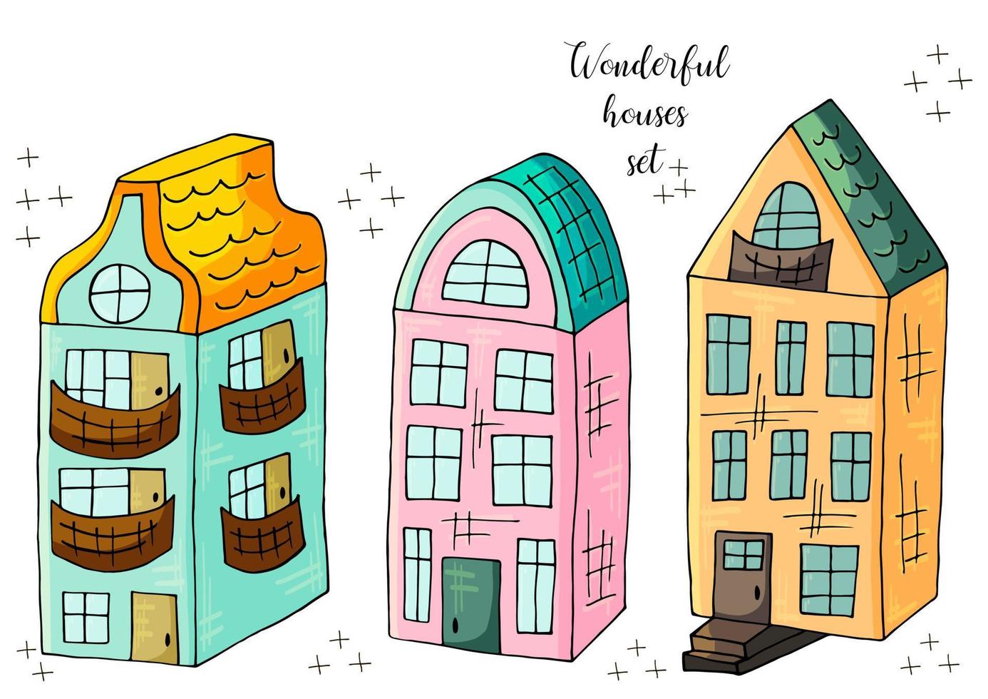 Reihe von Illustrationen von kleinen Häusern im Handzeichnungsstil. Sammlung von Vektorgrafiken für Ihr Design. schöne Zeichnungen vektor