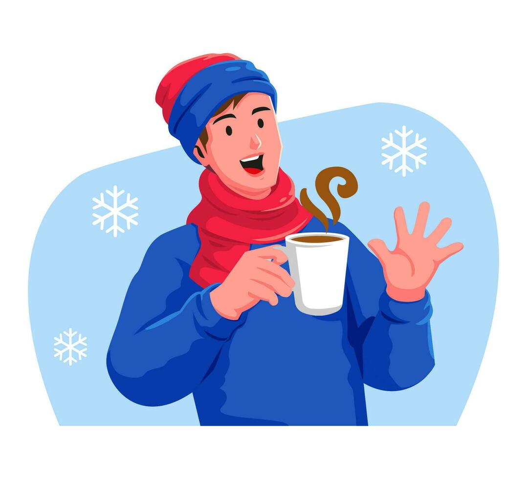 glücklich Mann mit ein Tasse von heiß trinken im das Winter vektor