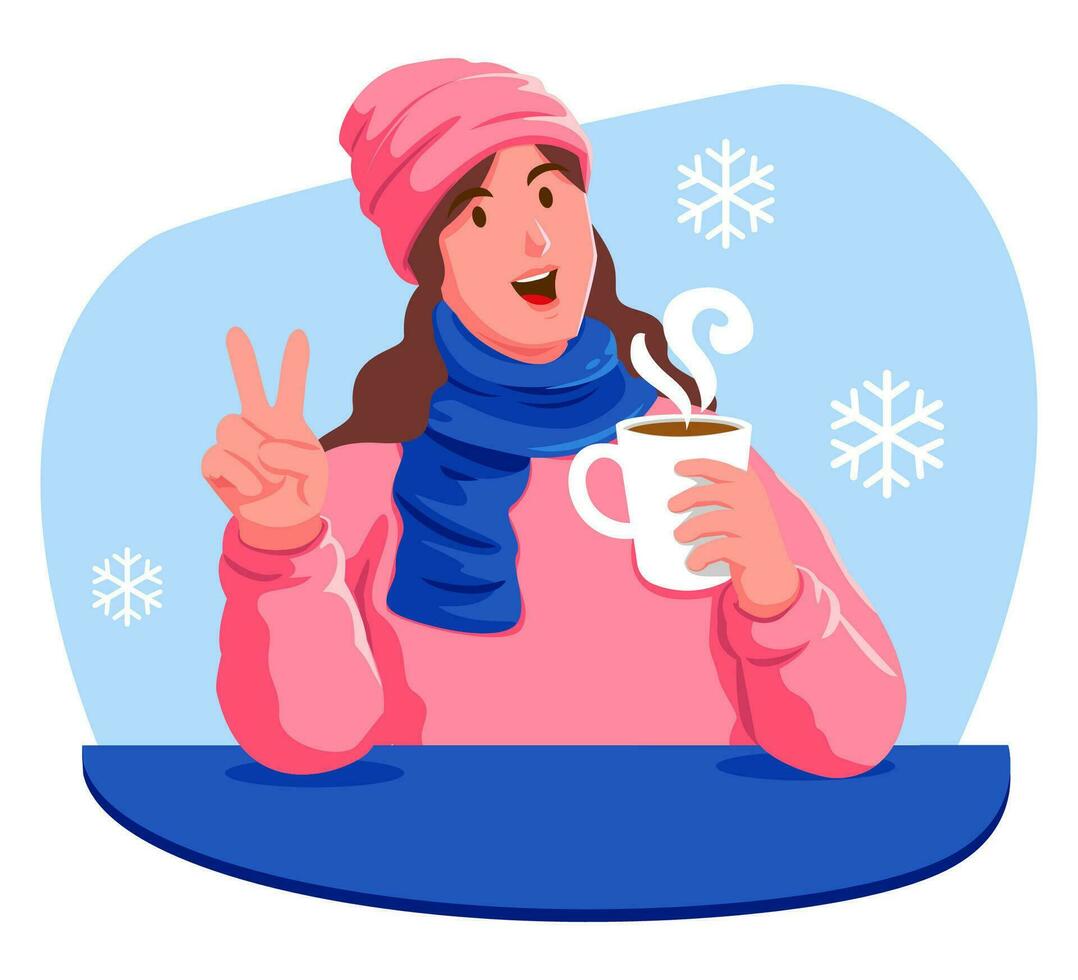 Lycklig kvinna med en kopp av varm dryck i de vinter- vektor