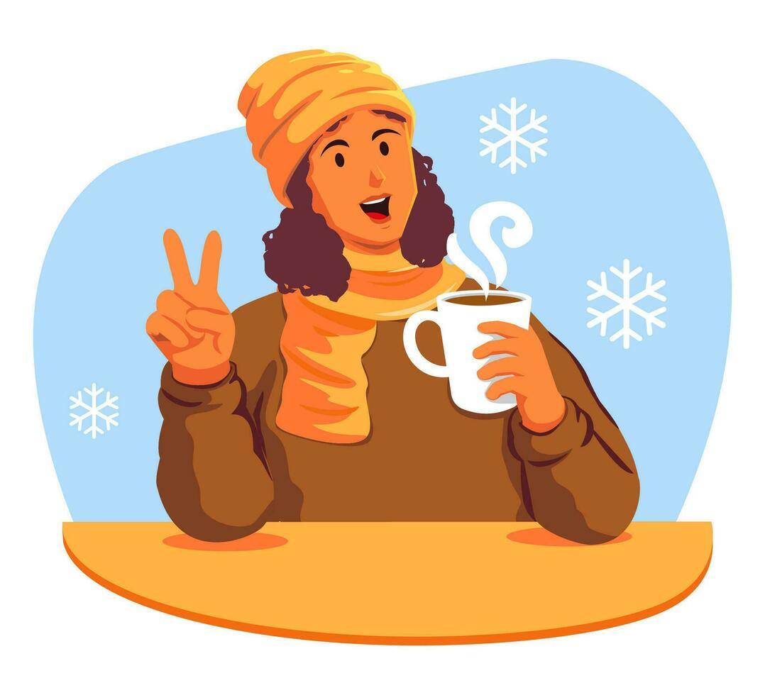Lycklig kvinna med en kopp av varm dryck i de vinter- vektor