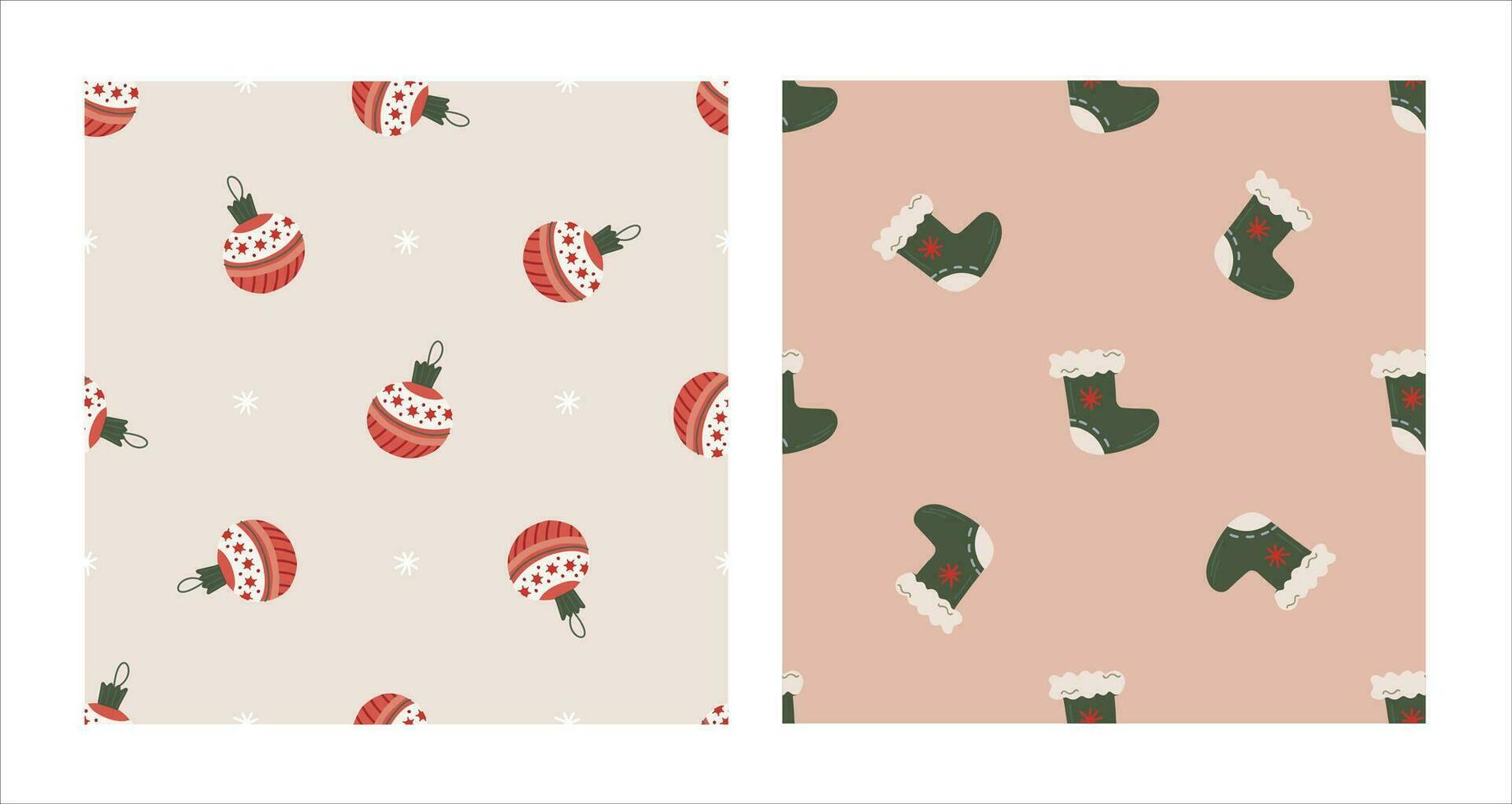 sömlös mönster uppsättning med jul grön strumpa och träd leksaker. jul och ny år begrepp. hand dragen retro årgång vektor textur för tapet, grafik, omslag, textil-