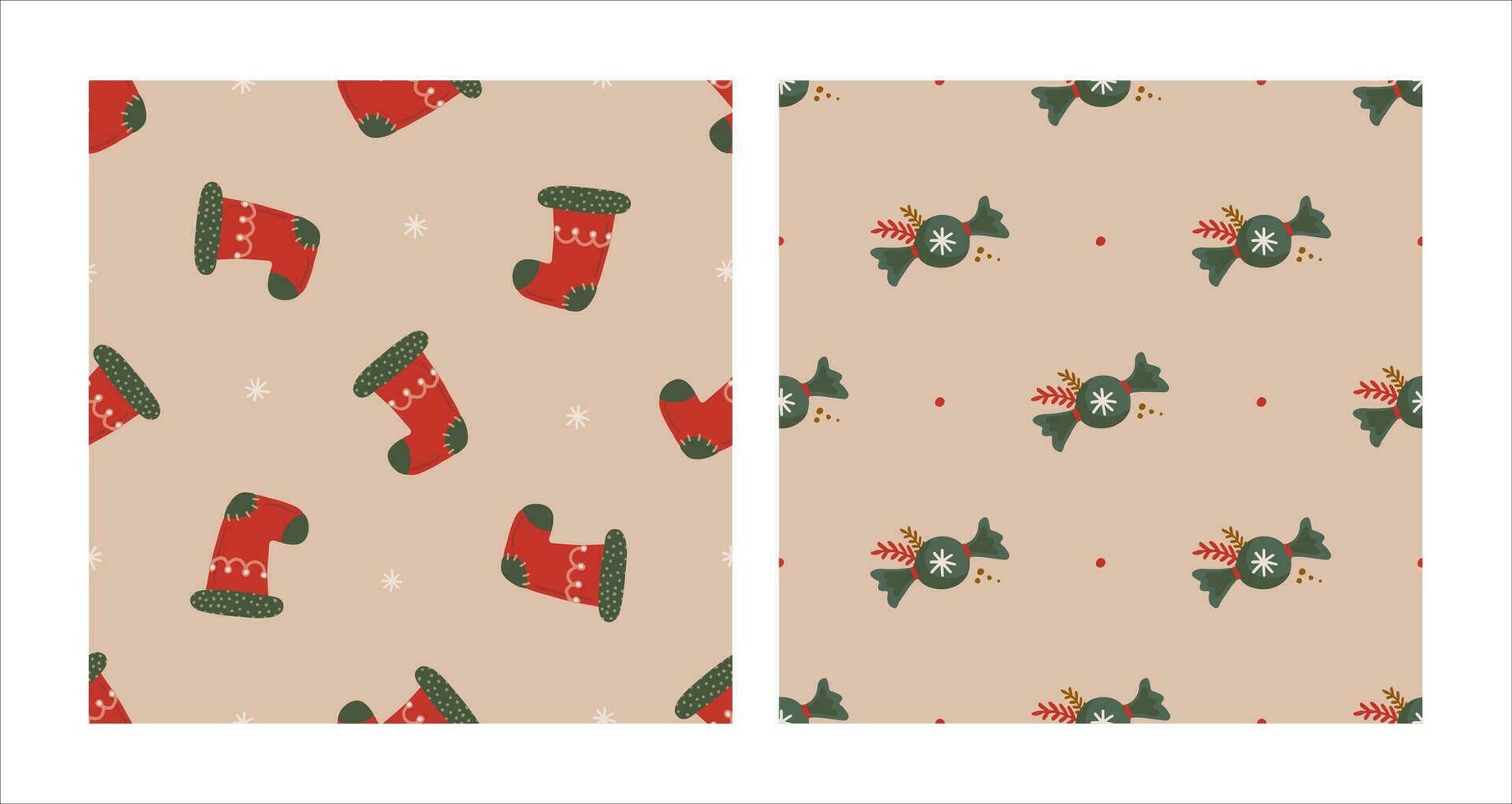 nahtlos Muster einstellen mit Weihnachten rot Socke und Süßigkeiten. Weihnachten und Neu Jahr Konzept. Hand gezeichnet retro Jahrgang Vektor Textur zum Hintergrund, Drucke, Verpackung, Textil-