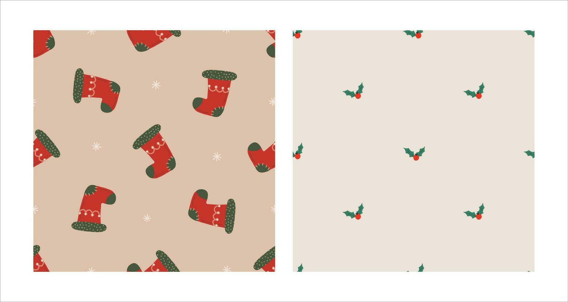 nahtlos Muster einstellen mit Weihnachten rot Socke und Stechpalme. Weihnachten und Neu Jahr Konzept. Hand gezeichnet retro Jahrgang Vektor Textur zum Hintergrund, Drucke, Verpackung, Textil-