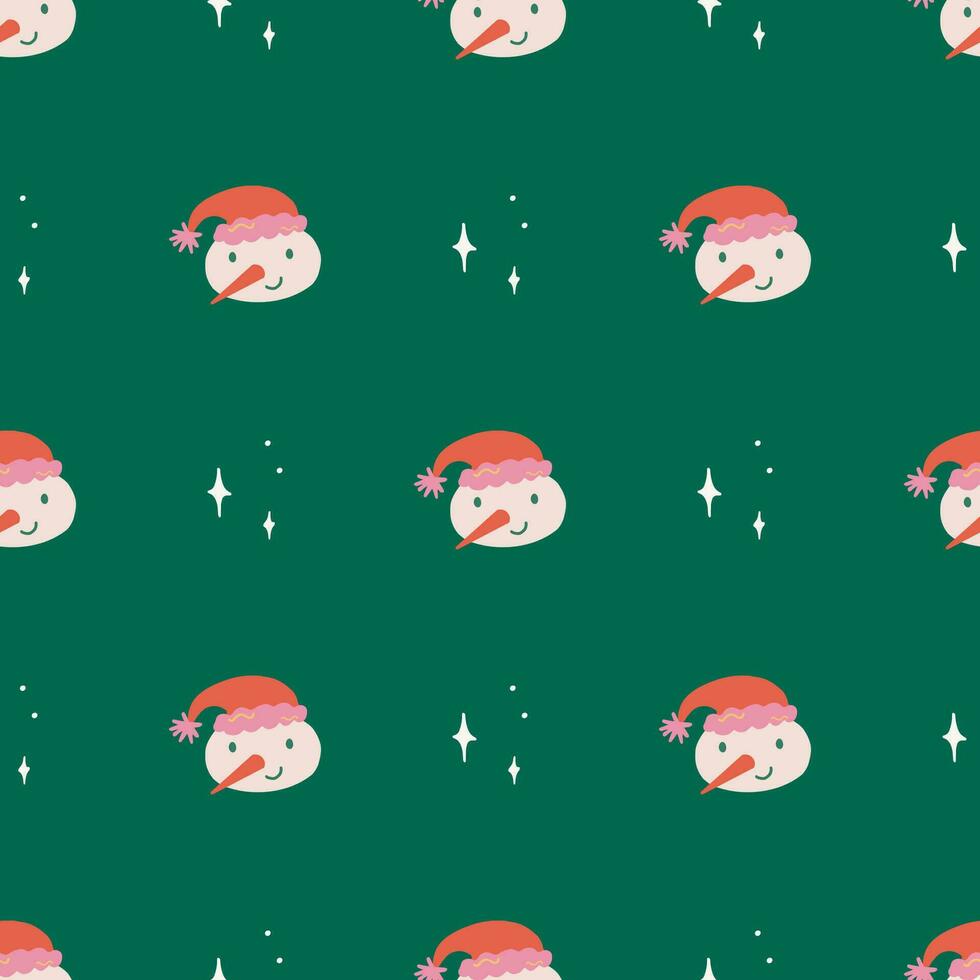 söt snögubbe och pärlar sömlös mönster på grön bakgrund. jul och ny år begrepp. hand dragen retro årgång vektor textur för tapet, grafik, omslag, textil-