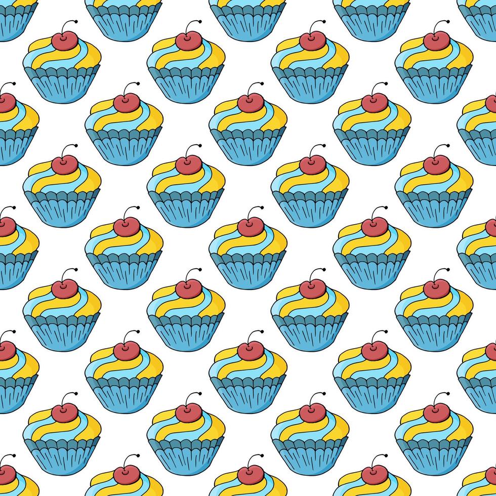 vektor illustration. sömlöst mönster med söta bakverk. söta muffins, muffins. prickig bakgrund. textur för tyg