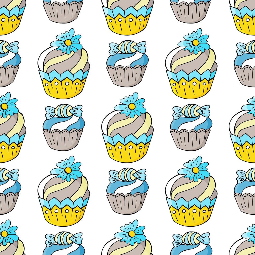 vektor illustration. sömlöst mönster med söta bakverk. söta muffins, muffins. prickig bakgrund. textur för tyg