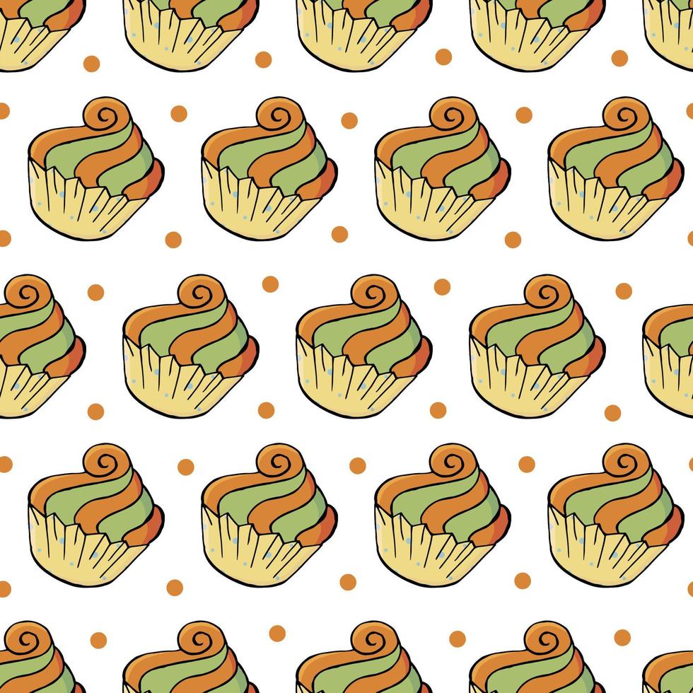 vektor illustration. sömlöst mönster med söta bakverk. söta muffins, muffins. prickig bakgrund. textur för tyg