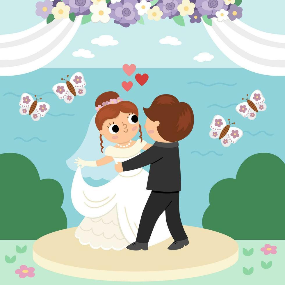 vektor bröllop scen med söt bara gift par. äktenskap ceremoni landskap med brud och brudgum. Make och fru dans deras först dansa med blommor och fjärilar