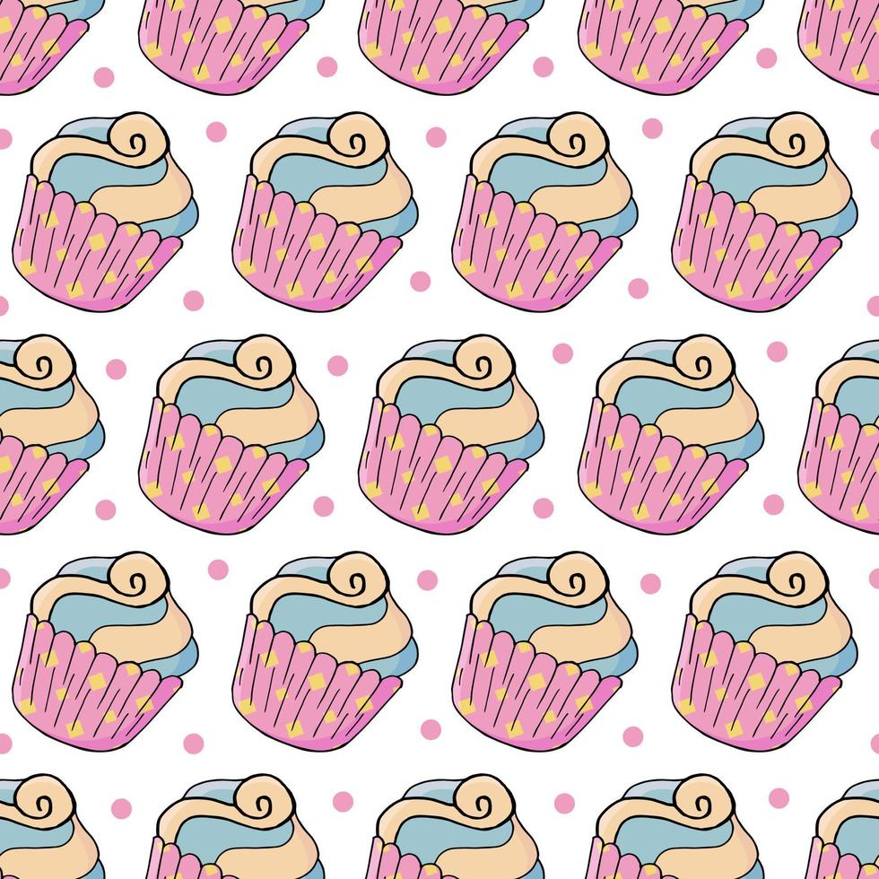 Vektor-Illustration. nahtloses Muster mit süßem Gebäck. süße Muffins, Cupcakes. Polka-Dot-Hintergrund. Textur für Stoff vektor