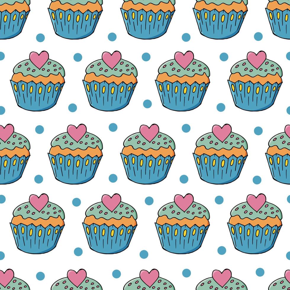vektor illustration. sömlöst mönster med söta bakverk. söta muffins, muffins. prickig bakgrund. textur för tyg