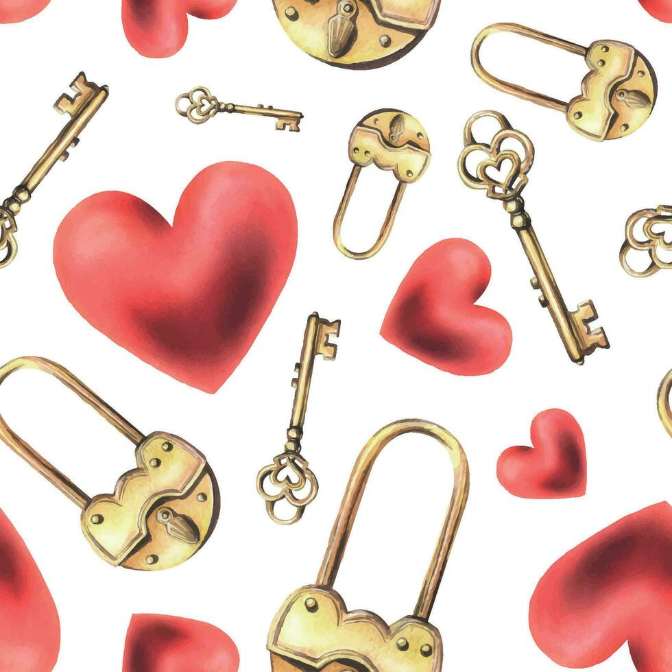 guld metall hänglås med en hål och nyckel hjärta form, röd hjärtan. hand dragen vattenfärg illustration. sömlös mönster på en vit bakgrund vektor