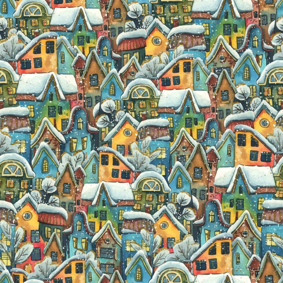 panorama av de gammal stad med hus med snö. hand dragen vattenfärg illustration. sömlös mönster för ny år, vinter- och jul dekor vektor