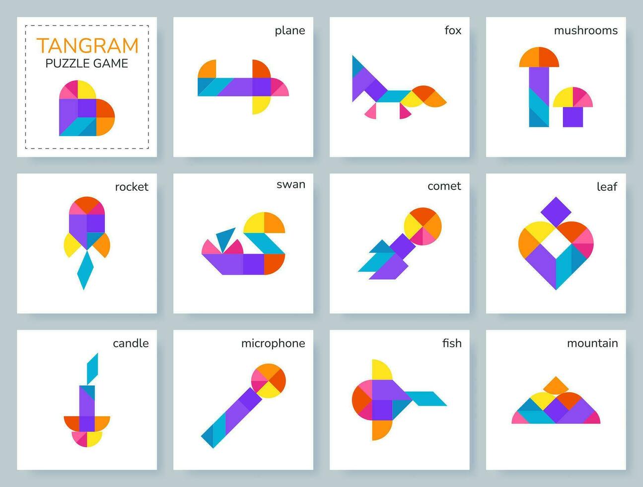 tangram pussel spel för ungar. färgrik geometrisk samling med isolerat objekt, djur, transport, fåglar. tangram blad. olika ikoner på vit bakgrund. vektor illustration