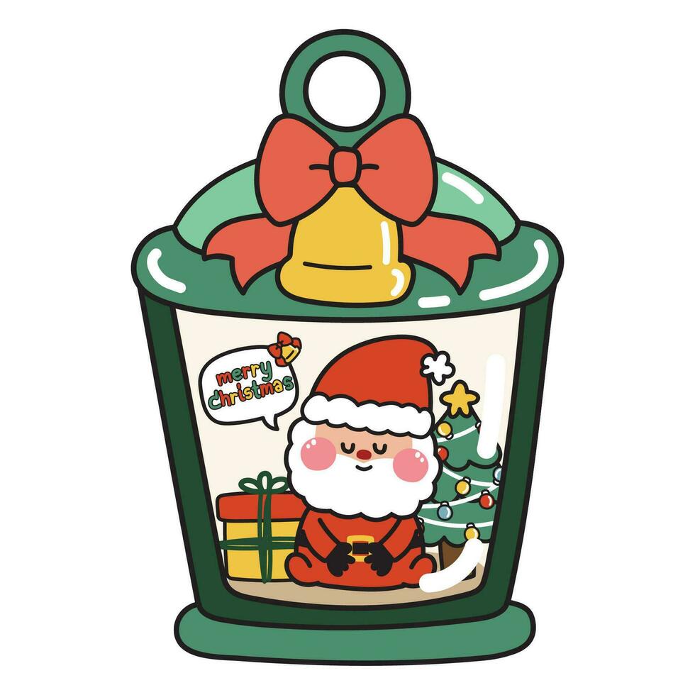 süß Santa claus sitzen im Weihnachten Lampe mit Baum und Geschenk Box Hintergrund Cartoon.fröhlich Weihnachten text.bell.character design.image zum Karte, Poster, Aufkleber.isoliert.kawaii.Vektorillustration. vektor