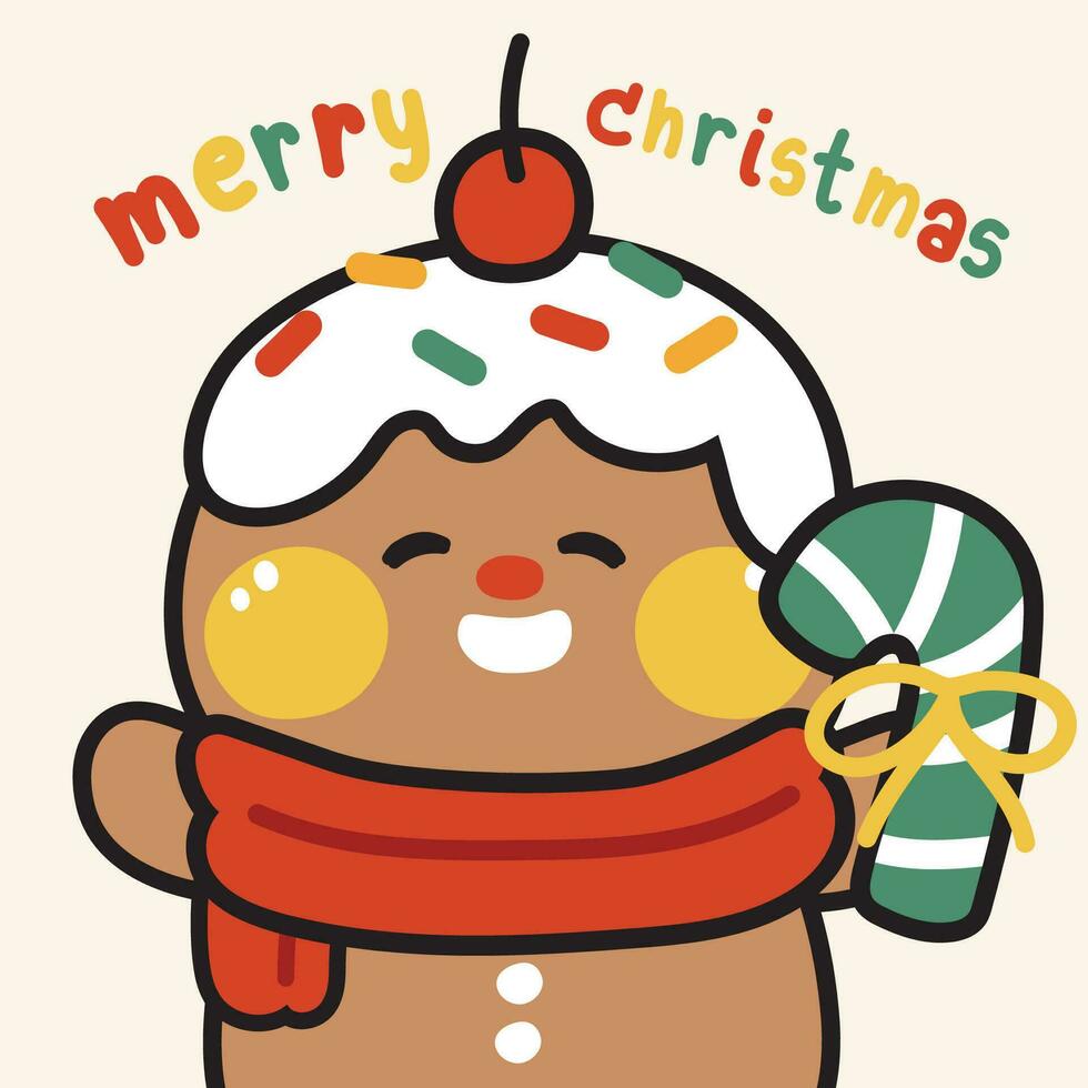 süß glücklich Lebkuchen Kekse halt Süßigkeiten mit fröhlich Weihnachten Text.Cartoon Charakter Hand gezeichnet design.image zum Karte, Poster, Aufkleber, Baby Kleidung screen.winter.kawaii.vector.illustration. vektor