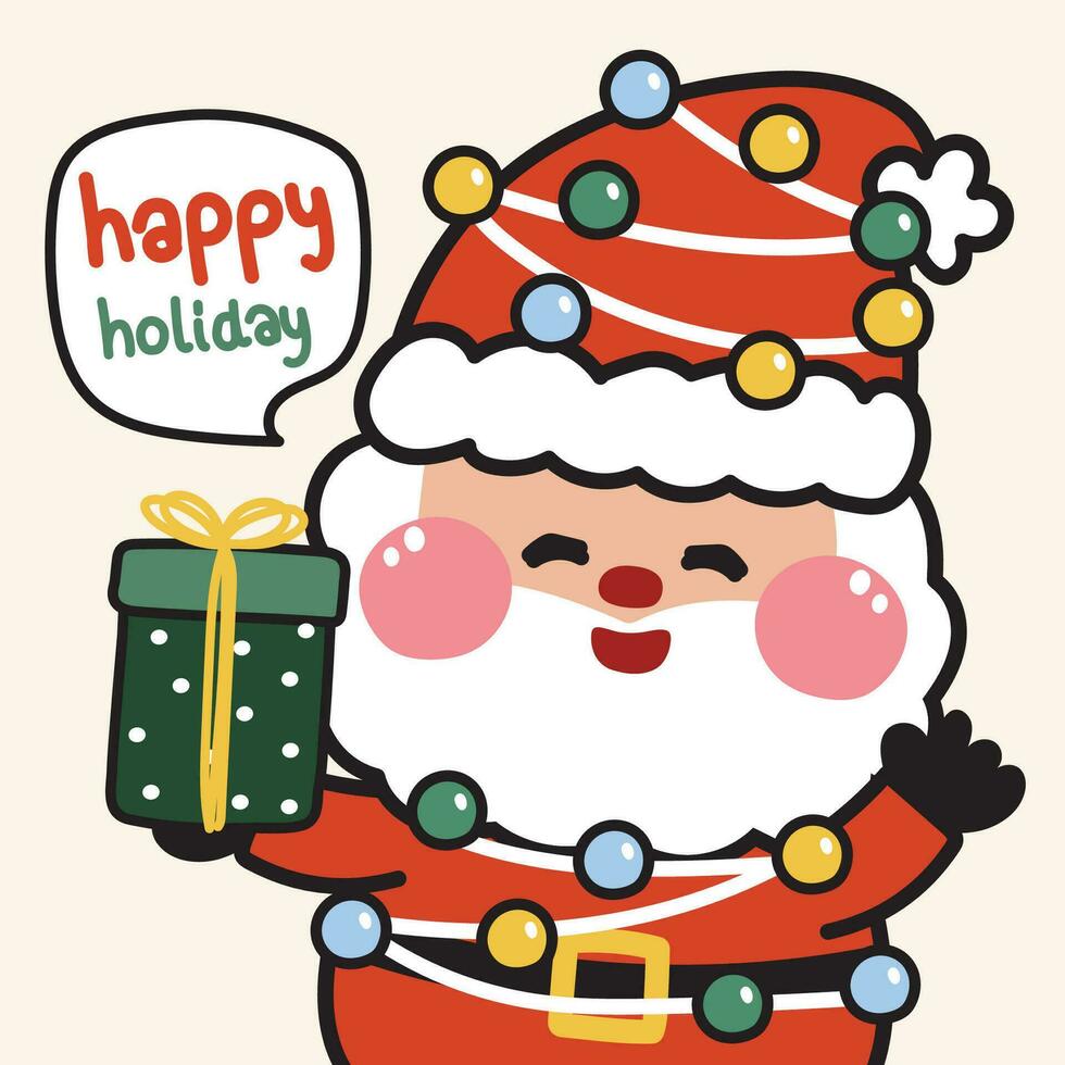 süß Santa claus halt Geschenk mit glücklich Urlaub text.fröhlich Weihnachten Konzept.Cartoon Charakter Hand gezeichnet.Kind Grafik design.winter Saison.kawaii.Vektorillustration. vektor