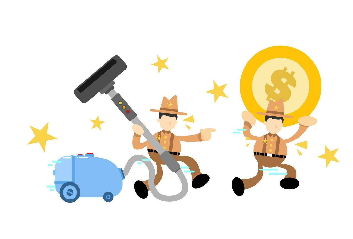 Cowboy Amerika und Vakuum Reiniger sauber Fang Geld Karikatur Gekritzel eben Design Stil Vektor Illustration