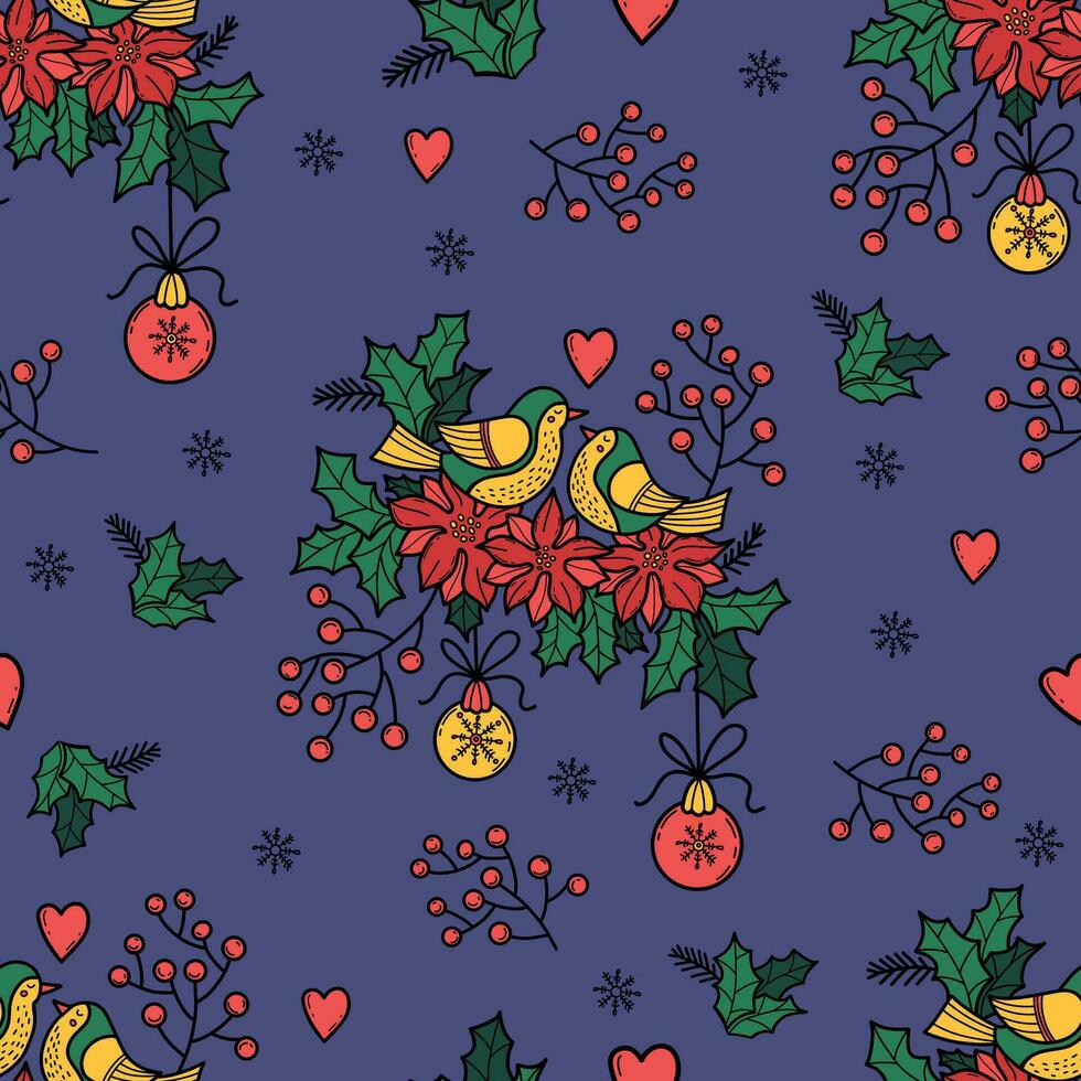 Weihnachten nahtlos Muster. Paar von Liebe Vögel mit Beeren, Weihnachtsstern Blumen, Stechpalme und Weihnachten Bälle auf Blau Hintergrund. Vektor Illustration.