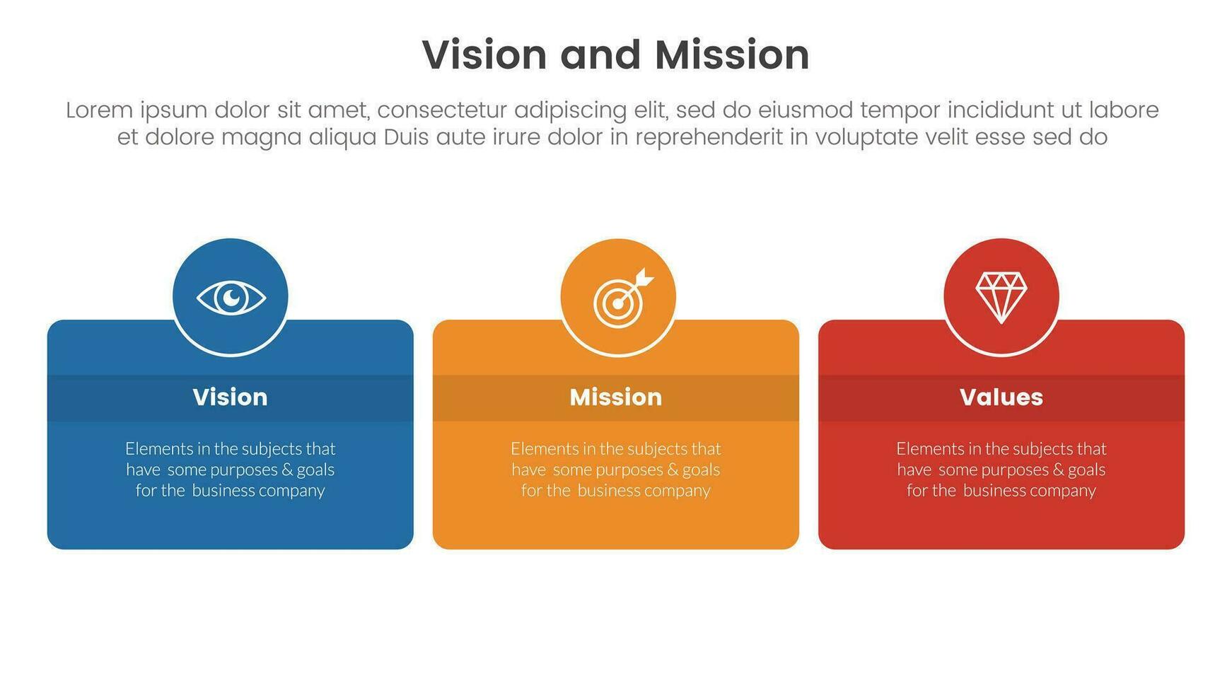 företag syn uppdrag och värden analys verktyg ramverk infographic med låda och cirkel bricka horisontell 3 punkt stadier begrepp för glida presentation vektor