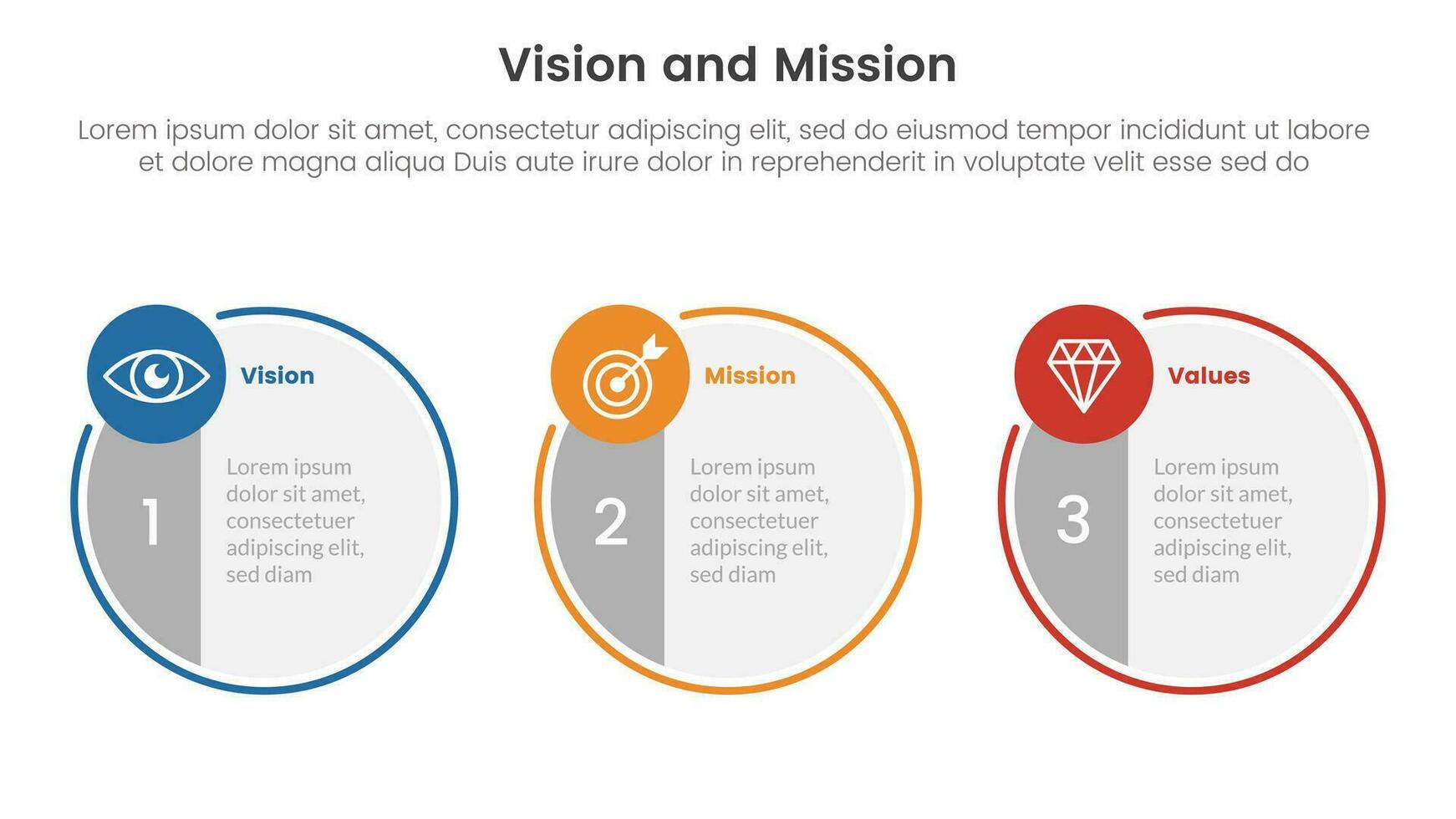 Geschäft Vision Mission und Werte Analyse Werkzeug Rahmen Infografik mit groß Kreis symmetrisch und klein Kreis 3 Punkt Stufen Konzept zum rutschen Präsentation vektor