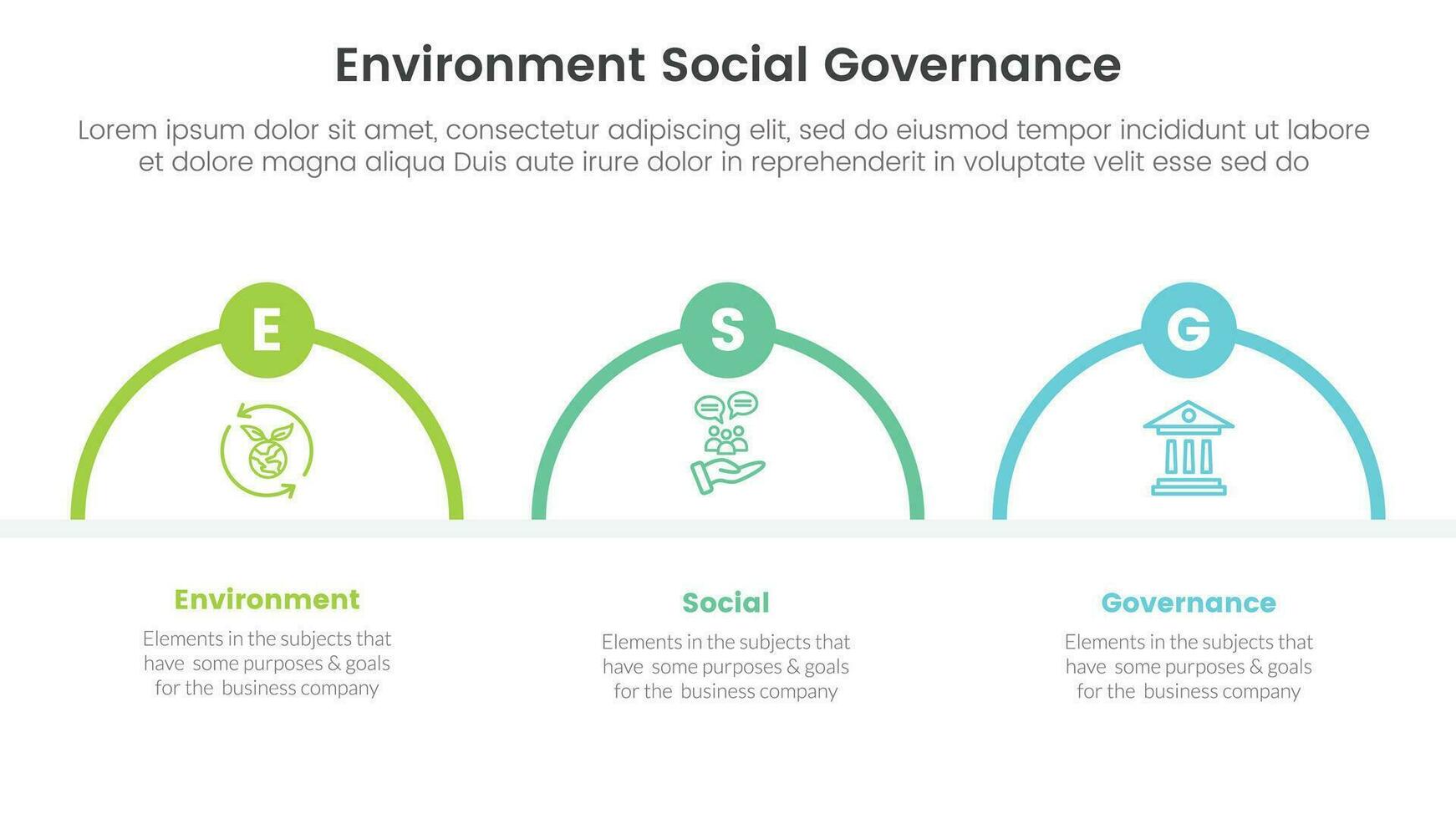 esg miljö- social och styrning infographic 3 punkt skede mall med halv cirkel form begrepp för glida presentation vektor