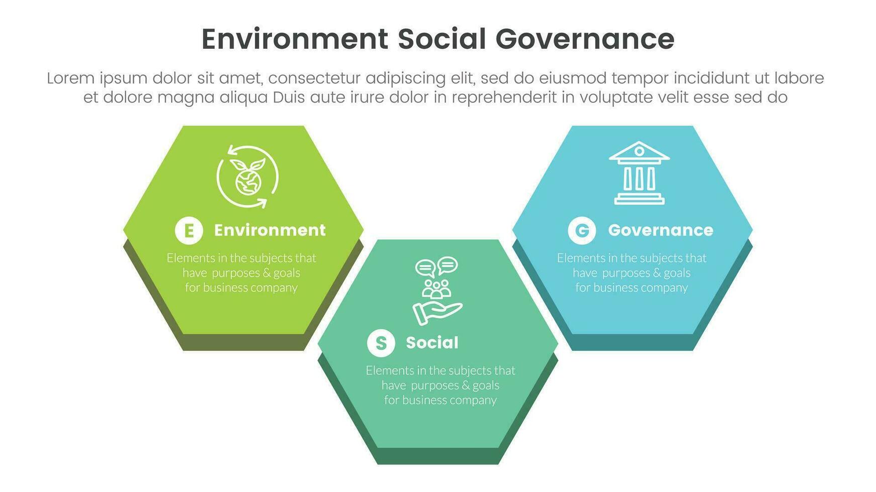 esg Umwelt Sozial und Führung Infografik 3 Punkt Bühne Vorlage mit groß Bienenwabe gestalten Konzept zum rutschen Präsentation vektor