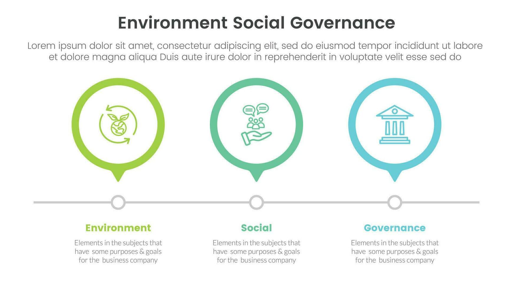 esg miljö- social och styrning infographic 3 punkt skede mall med 3 cirkel tidslinje rätt riktning begrepp för glida presentation vektor