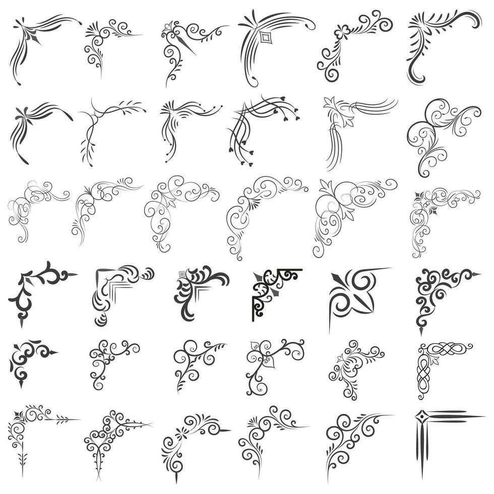 vektor illustration av dekorativ hörn ram uppsättning. uppsättning hand dra av hörn annorlunda former blomma dekoration vektor design klotter skiss stil för bröllop och baner.