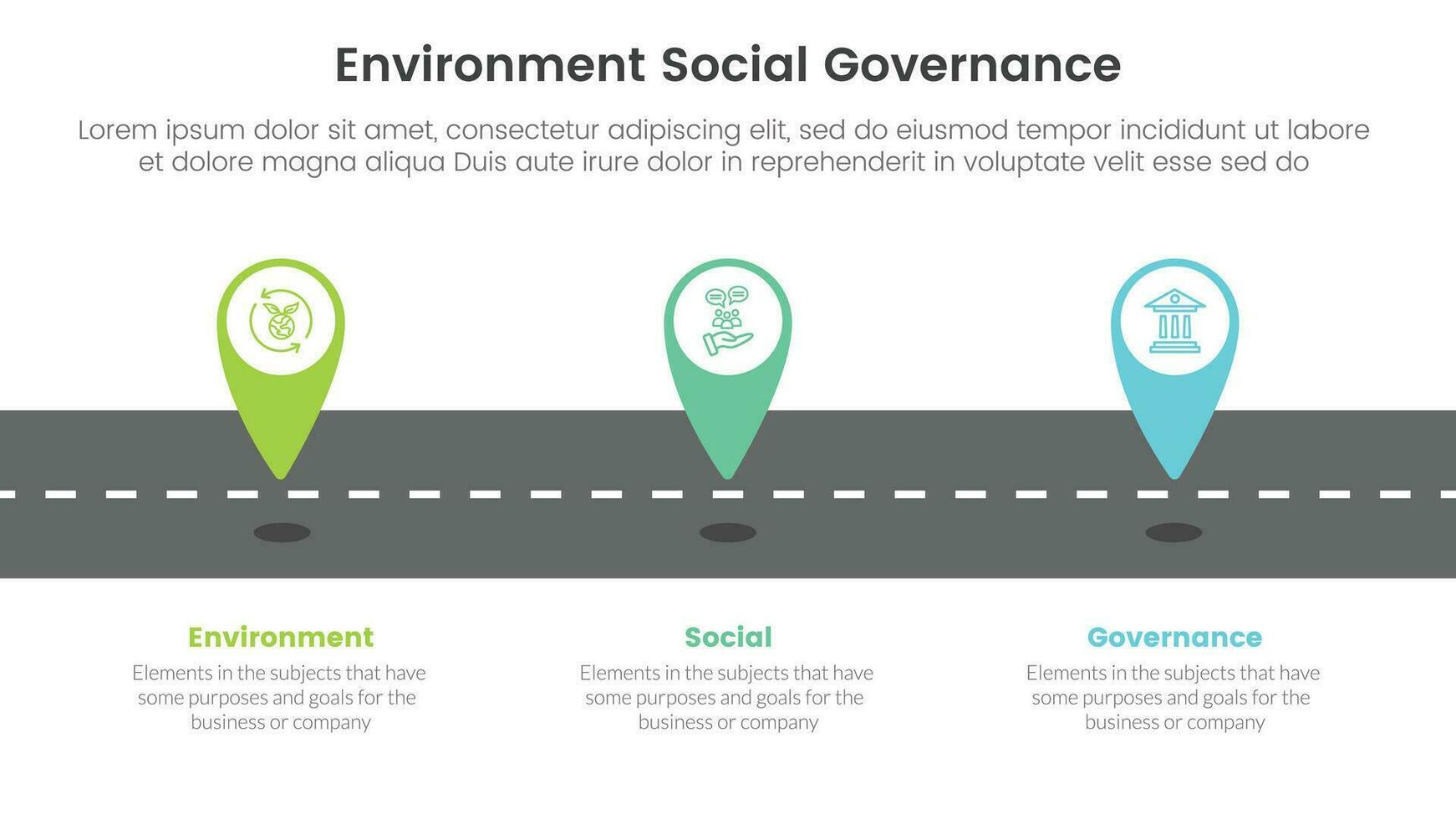 esg miljö- social och styrning infographic 3 punkt skede mall med plats markör på väg begrepp för glida presentation vektor