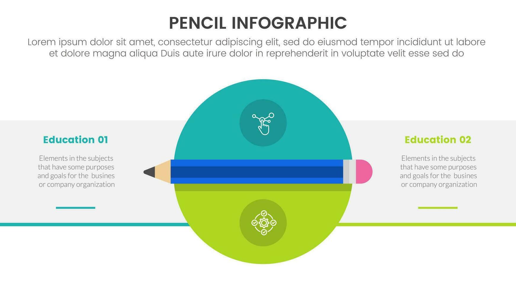 penna utbildning infographic 2 punkt skede mall med stor full cirkel på Centrum för glida presentation vektor