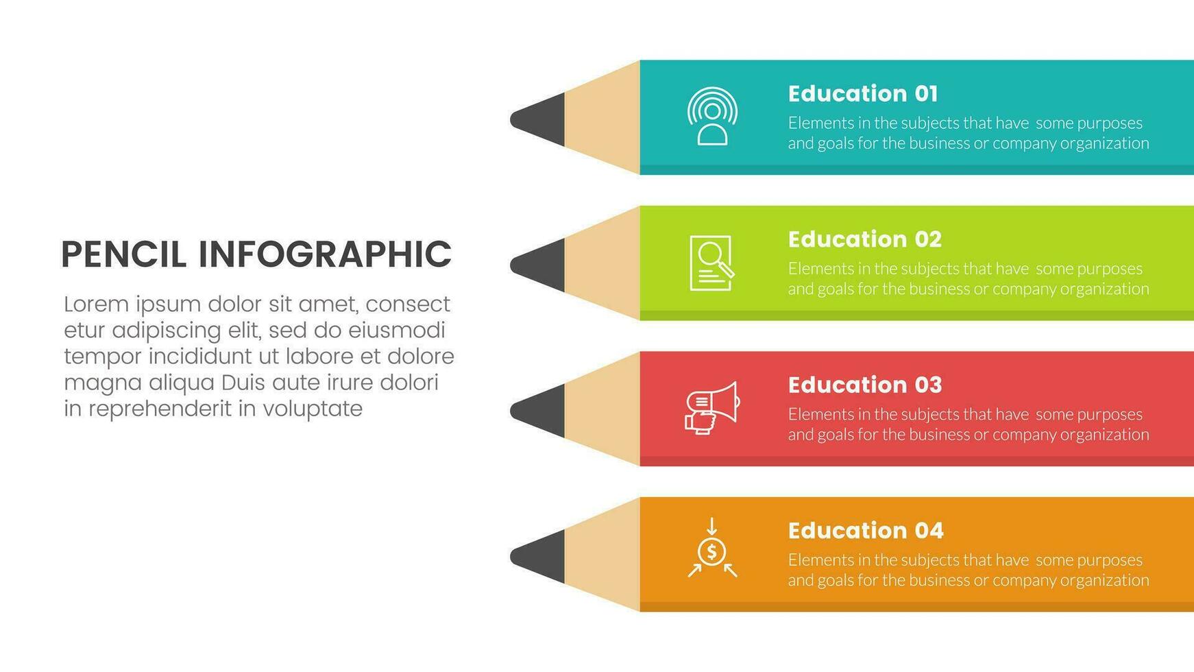 Bleistift Bildung Infografik 4 Punkt Bühne Vorlage mit lange Bleistift auf richtig Säule zum rutschen Präsentation vektor