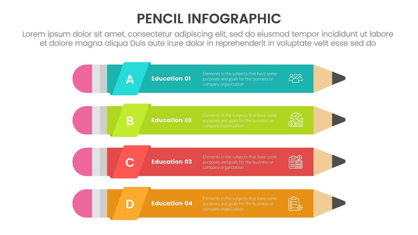 penna utbildning infographic 4 punkt skede mall med lång penna stack för glida presentation vektor