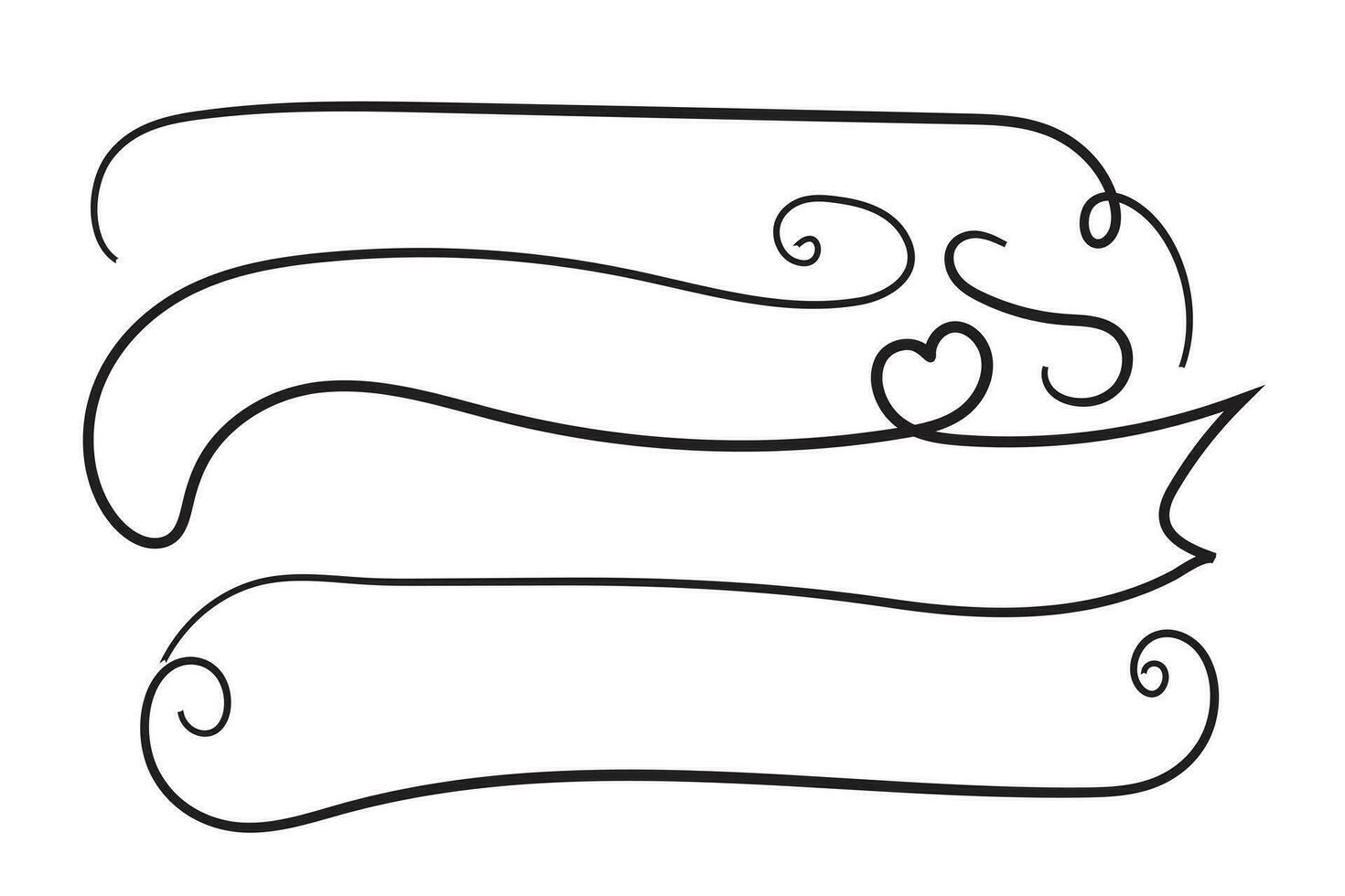 hand dragen lockigt hjärtan skrolla linje calligraphic skrivning översikt band, kalligrafi text affisch användbar valentine dag, tom Plats skrivning för text, band romantisk kärlek tömma översikt baner vektor