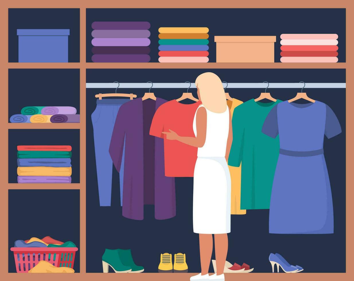 kvinna stående nära garderob till välja eleganta utrusta. flicka välja kläder. vektor illustration.