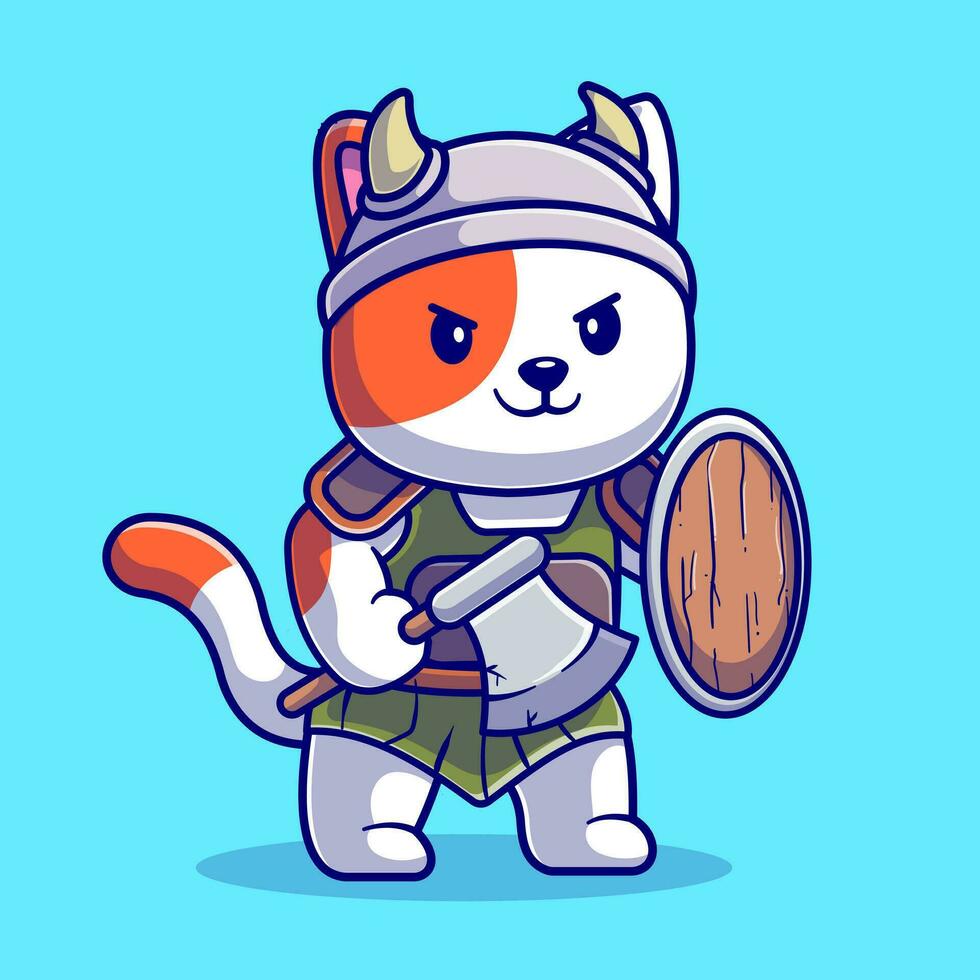 süß Katze Ritter Wikinger Karikatur Vektor Symbol Illustration. Tier Mode Symbol Konzept isoliert Prämie Vektor. eben Karikatur Stil