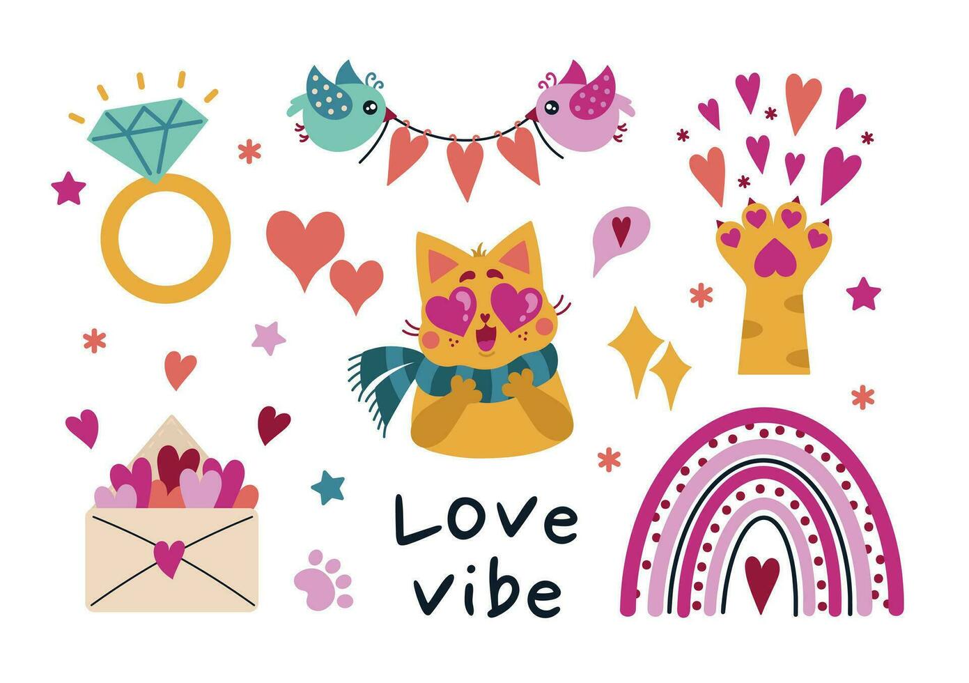 valentines dag vektor uppsättning. romantisk samling - söt katt, vår fåglar, bröllop ringa, kärlek meddelande, hjärtan. ljus ClipArt isolerat på vit. platt tecknad serie illustration för klistermärken, affischer, kort