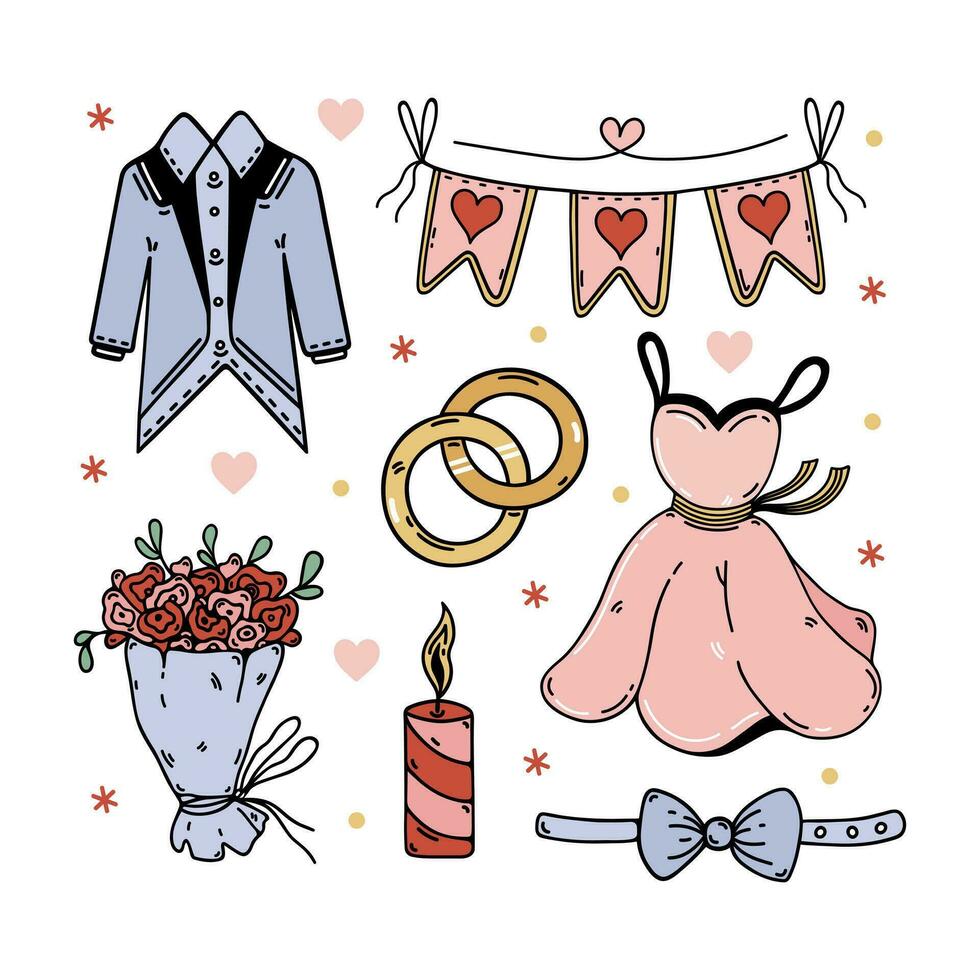 Hochzeit Artikel Vektor Satz. Symbole von Ehe - - ein Kleid zum ein Braut, ein passen zum ein Bräutigam, Engagement Ringe, hell Girlande mit Herzen, Strauß von Blumen, Urlaub Kerze. eben Karikatur Gekritzel Clip Art