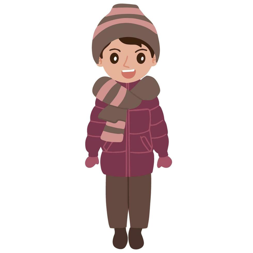 süß wenig Junge tragen dick Jacke und Schal und Mütze auf Winter Illustration vektor