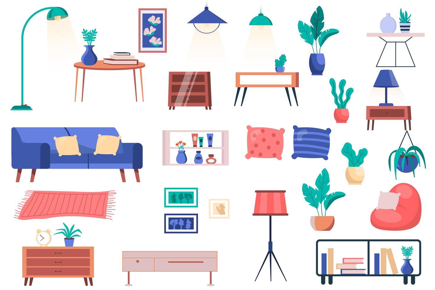 möbler, hus växter och dekor isolerade element set. bunt soffa med kuddar, bord, lampor, kuddar, hyllor, tavlor och annat. skaparkit för vektorillustration i platt tecknad design vektor