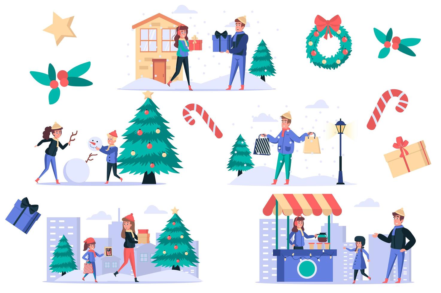 jul firar isolerade element set. bunt människor köper och ger gåvor, gör snögubbe, handlar, dricker varmt kaffe i gatubutiken. skaparkit för vektorillustration i platt tecknad design vektor