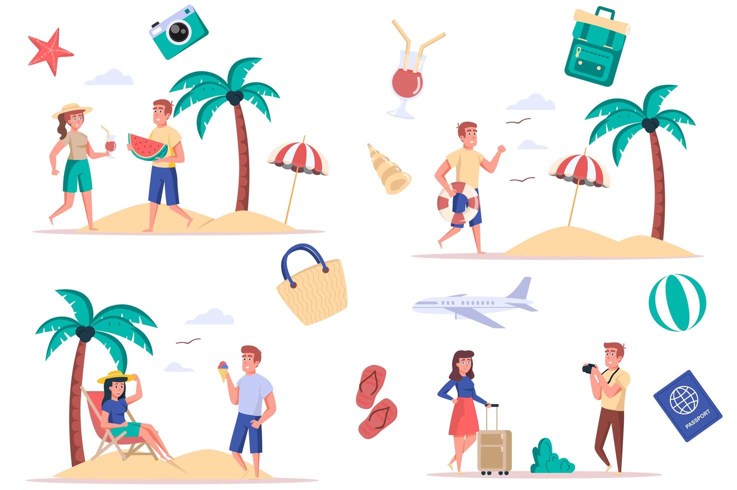 Sommerurlaub am Meer isolierte Elemente eingestellt. Bündel von Menschen, die sich am Strand ausruhen, Wassermelone oder Eis essen, Cocktails trinken, sich sonnen. Schöpfer-Kit für Vektor-Illustration im flachen Cartoon-Design vektor