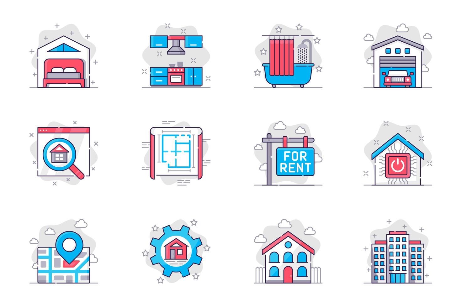 fastigheter koncept platt linje ikoner set. köpa eller hyra hus eller lägenhet. bunt sovrum, kök, badrum, garage, ritning, annat. vektor konceptuella pack disposition symboler för mobil app