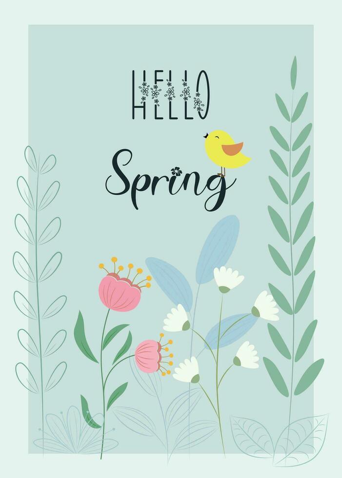 Hallo Frühling Hand gezeichnet Vektor Illustration. Jahreszeit Beschriftung zum Gruß Karte, Poster, Banner, Einladung, Broschüre, Gutschein Rabatt. Frühling Hintergrund mit Blume und Blatt. Frühling Zeit.