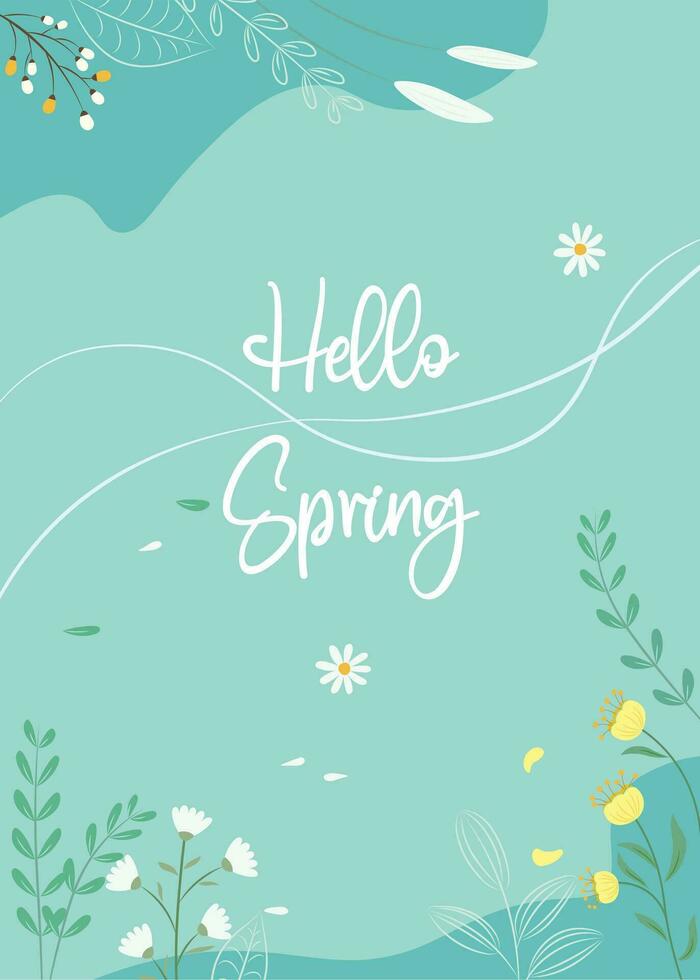 Hallo Frühling Hand gezeichnet Vektor Illustration. Jahreszeit Beschriftung zum Gruß Karte, Poster, Banner, Einladung, Broschüre, Gutschein Rabatt. Frühling Hintergrund mit Blume und Blatt. Frühling Zeit.